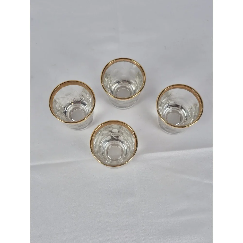 1950s Set of 4 Vintage Gold Rim Etched‎ Polka Dot Shot Glasses MCM Barware Glass